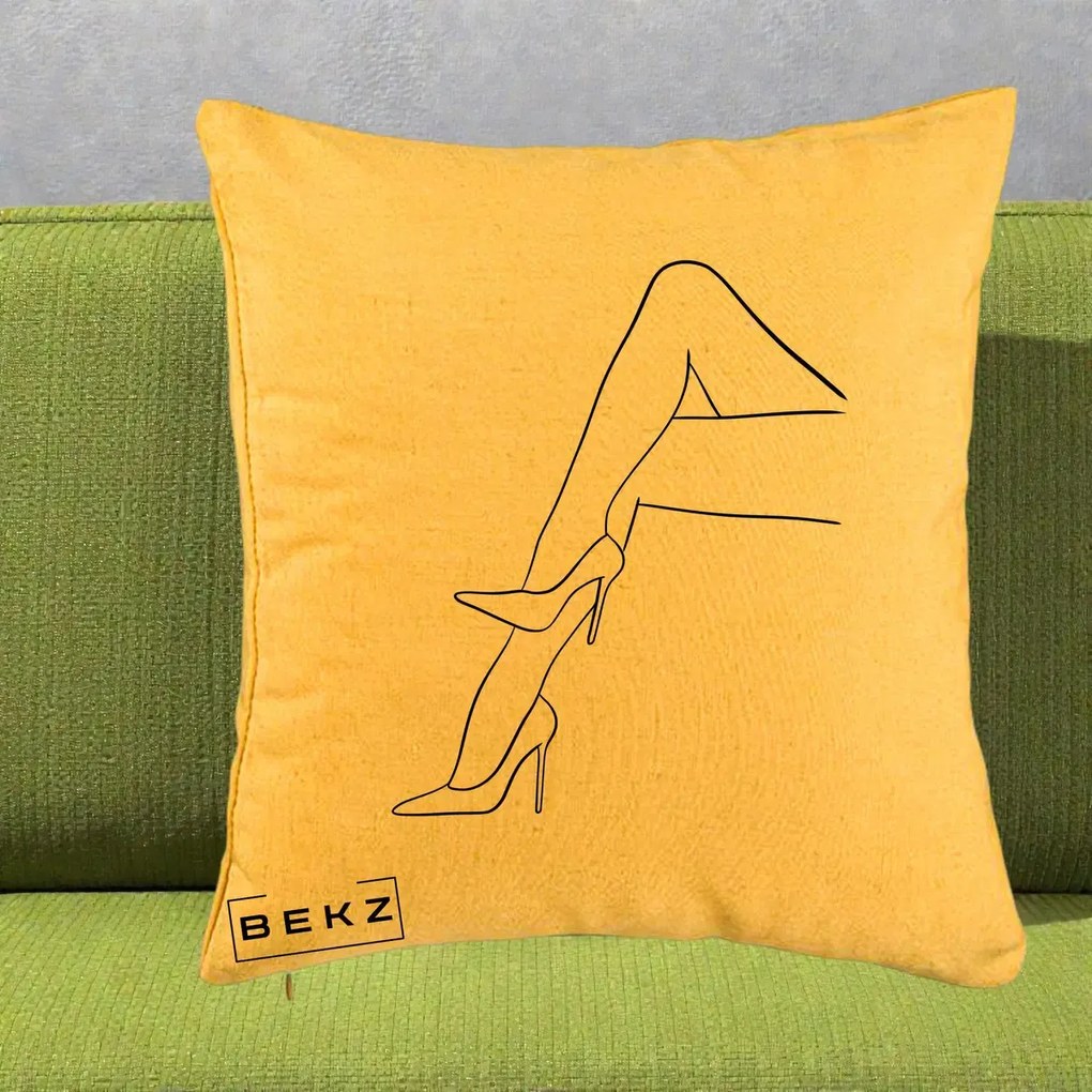 Perna Decorativa Picioare cu Tocuri Line Art, 40x40 cm, Galben, Husa Detasabila, Perna Inclusa, BEKZ®