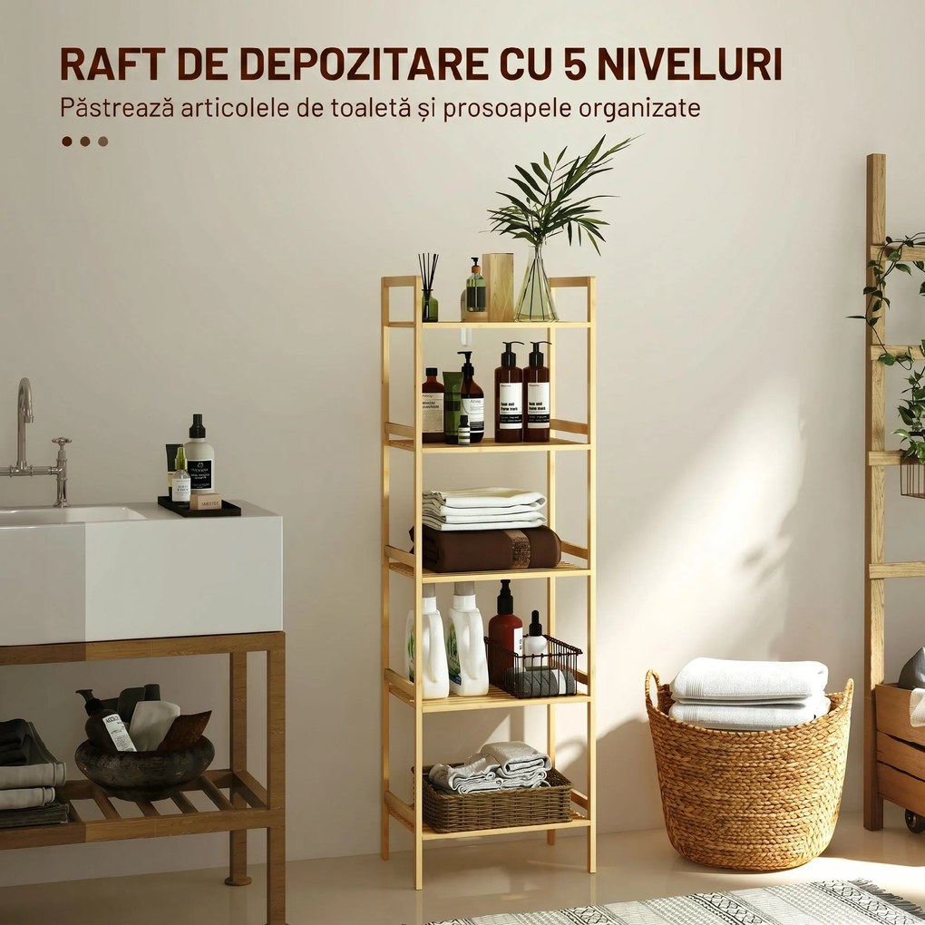 HOMCOM Raft de Depozitare pentru Baie cu 5 Niveluri, 43,5x31,5x142 cm, Lemn Natural | Aosom Romania
