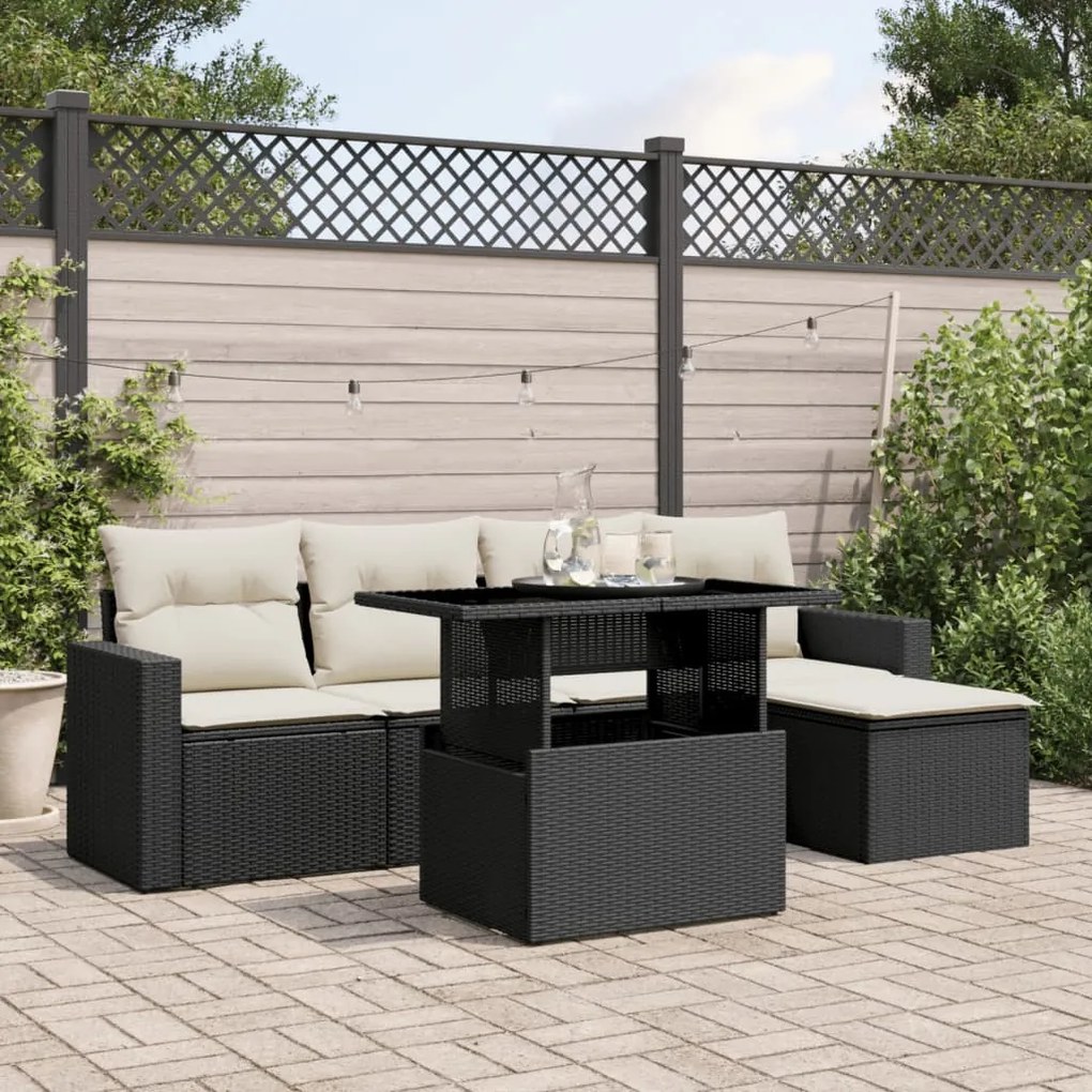 3267236 vidaXL Set mobilier de grădină cu perne, 6 piese, negru, poliratan