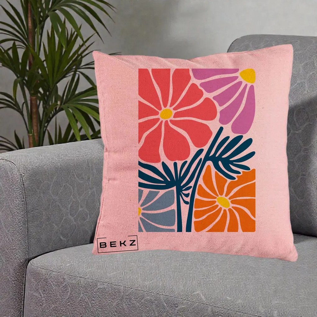 Perna Decorativa Flori Grafice Roz-Orange-Albastru, 40x40 cm, Roz, Husa Detasabila, Perna Inclusa, BEKZ®