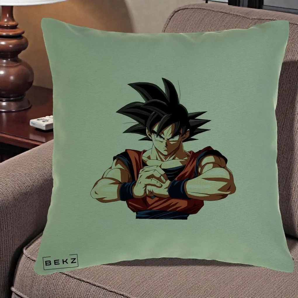 Perna Personalizata Dragon Ball Goku Portret Serios, 40x40 cm, Verde, Husa Detasabila, Perna Inclusa, BEKZ®