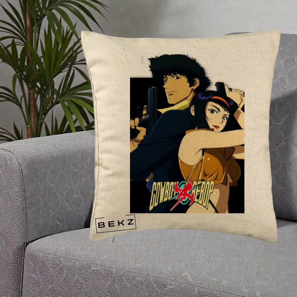 Perna Personalizata Cowboy Bebop Spike si Faye Poster, 40x40 cm, Bej, Husa Detasabila, Perna Inclusa, BEKZ®
