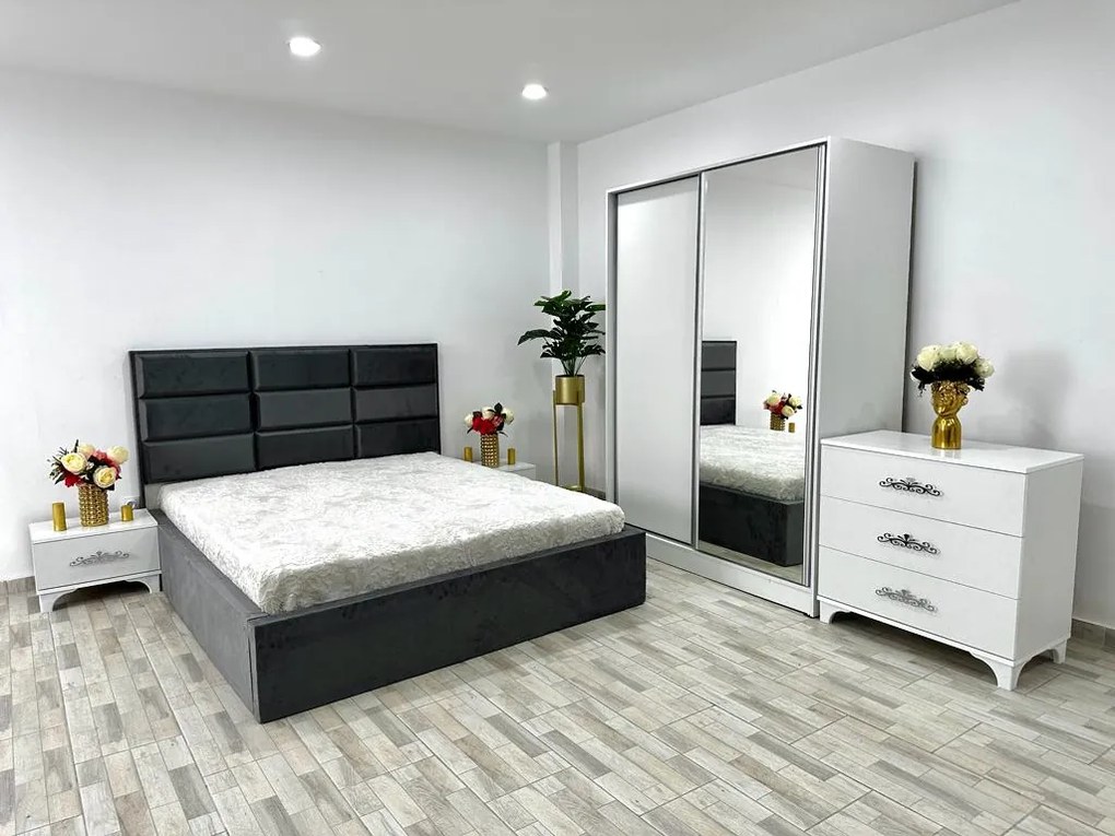 Dormitor complet Roma, culoare gri / alb, cu pat Roma 160 x 200 cm, dressing Erika, 2 noptiere si comoda Viena