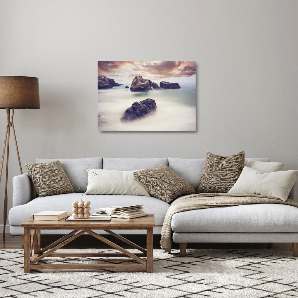 Tablou pe sticlă cu stânci în ceață (70x50 cm)