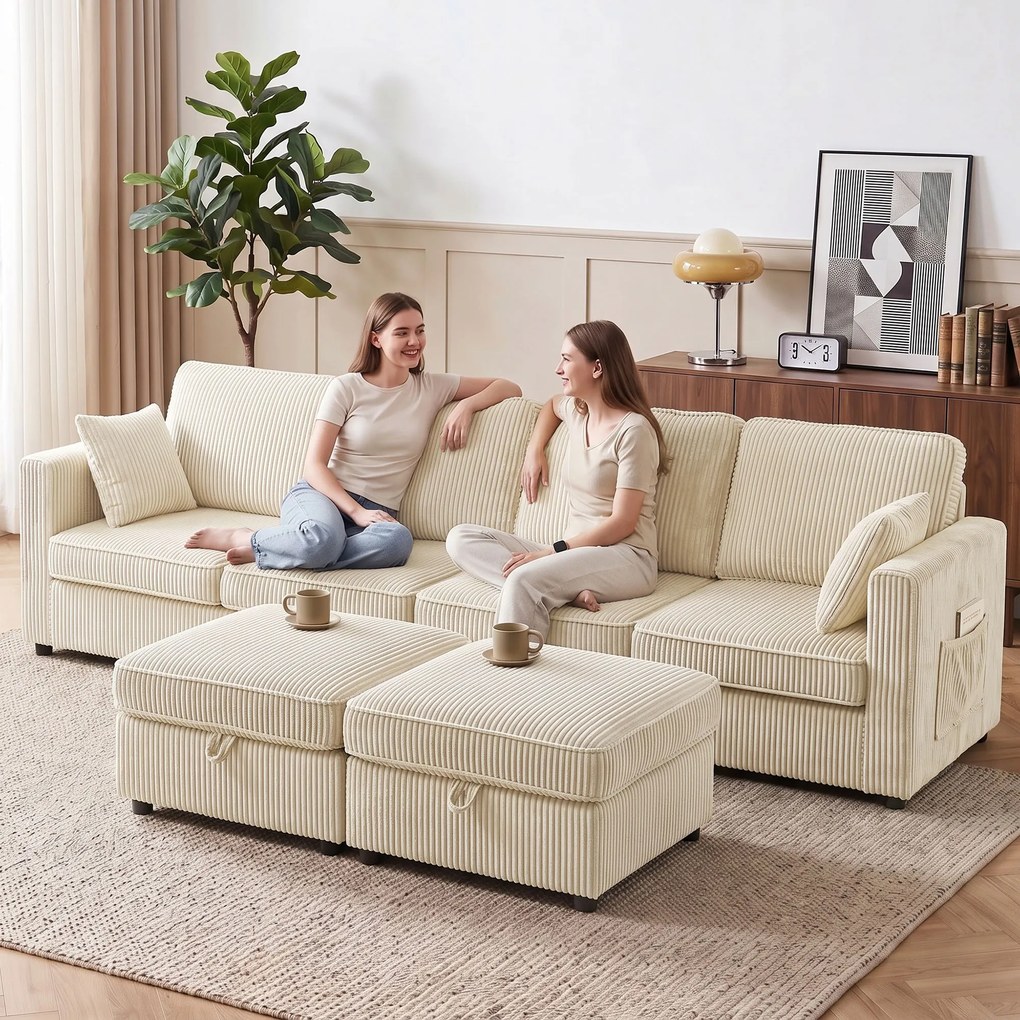 HOMCOM Canapea Modulară în U cu 4 Locuri, 2 Pufuri cu Depozitare, Catifea Reiată, 306x153x85 cm, Crem | Aosom Romania