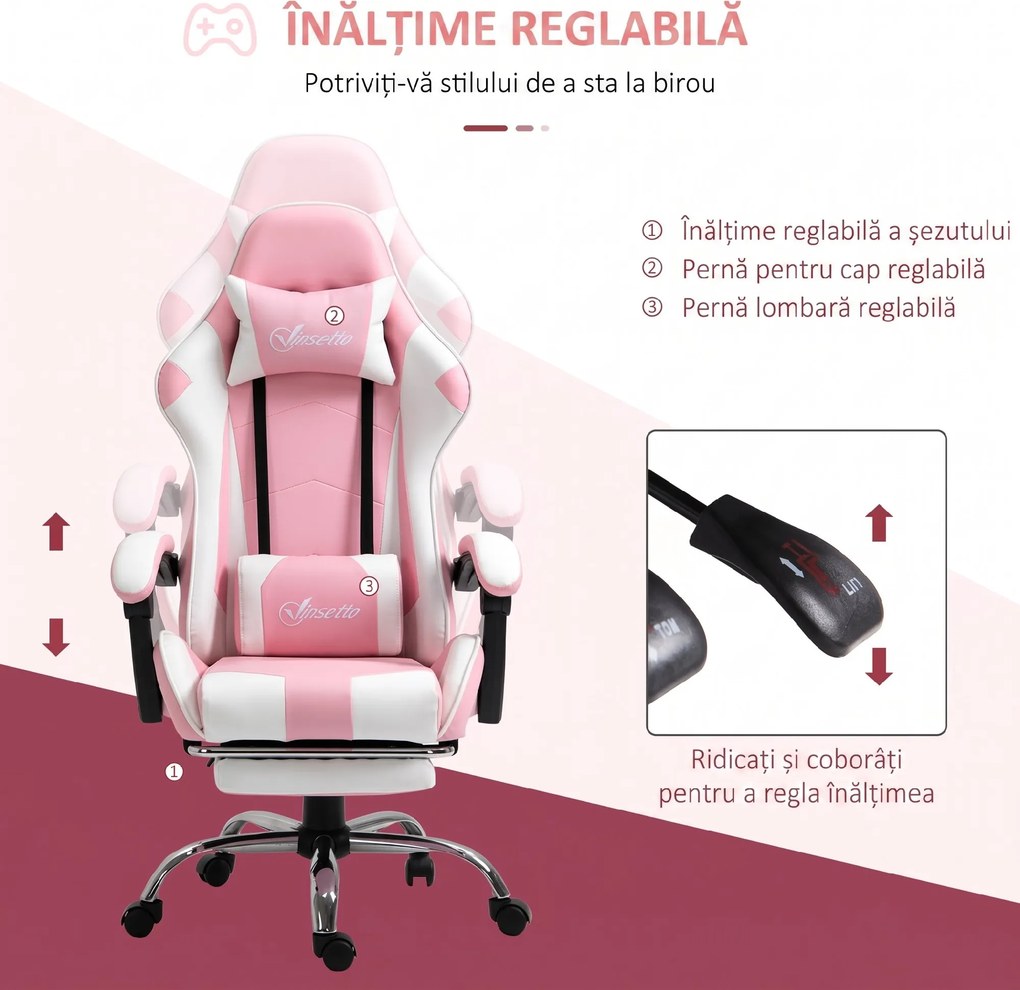 Vinsetto Scaun Gaming Ergonomic Reclinabil cu Tetieră, Pernă Lombară, Înălțime Reglabilă, Roz și Alb | Aosom Romania