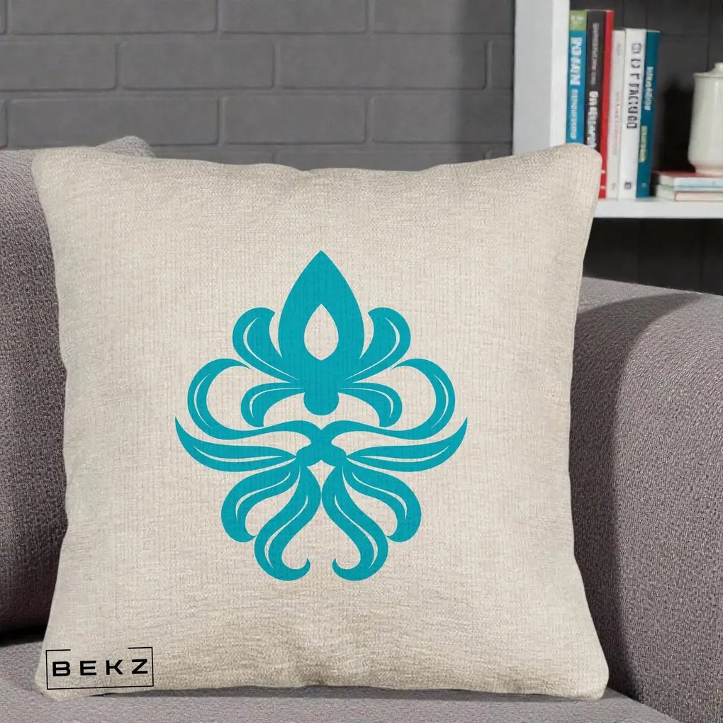 Perna Decorativa Ornament Turcoaz Fleur de Lis, 40x40 cm, Bej Canapea, Husa Detasabila, Perna Inclusa, BEKZ®