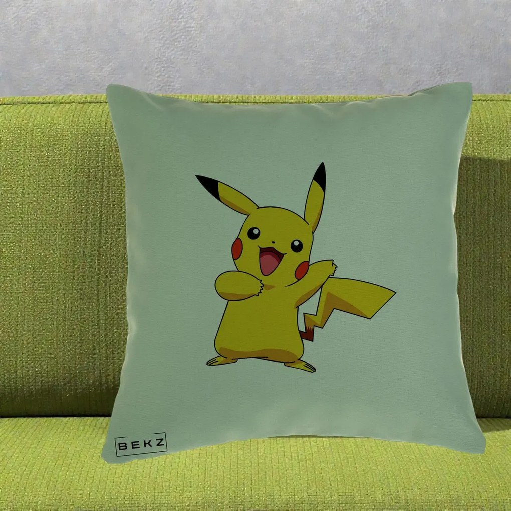 Perna Personalizata Pikachu Fericit, 40x40 cm, Verde, Husa Detasabila, Perna Inclusa, BEKZ®