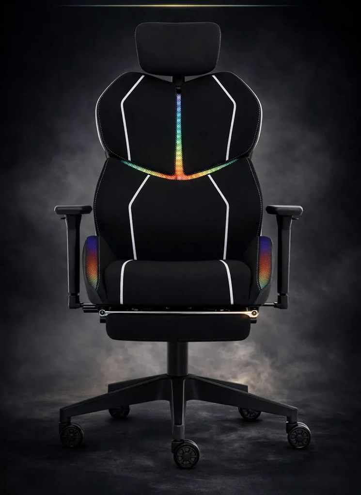 LUMINA X-Motion Pro –Scaun Gaming & Office Premium cu LED RGB, Masaj Lombar, Translație Șezut și Suport pentru Picioare – Confort Inteligent și Design Spectaculos, Textil, Negru/Alb