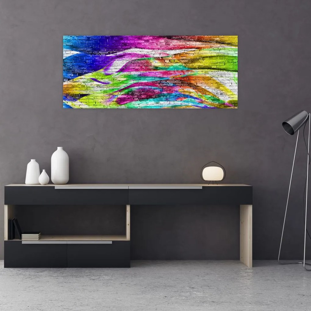 Tablou - Zid de cărămidă cu flăcări colorate (120x50 cm)