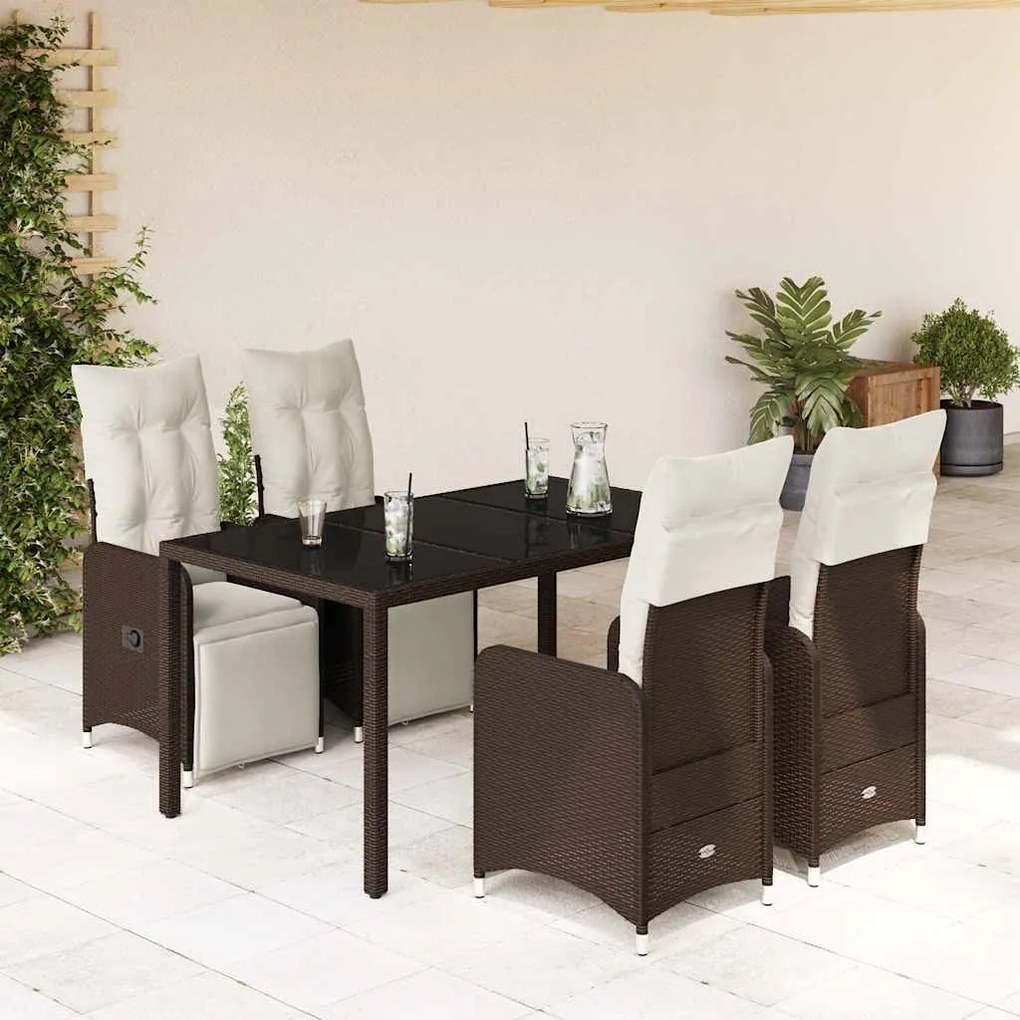 vidaXL Set bistro de grădină, 5 piese, cu perne, maro, poliratan