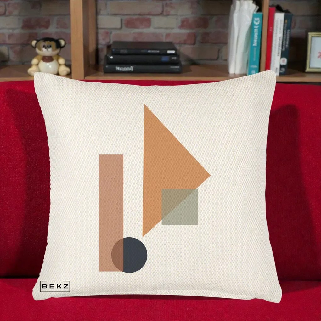 Perna Decorativa Geometric Bauhaus Triunghi, 40x40 cm, Crem Reliefat, Husa Detasabila, Perna Inclusa, BEKZ®