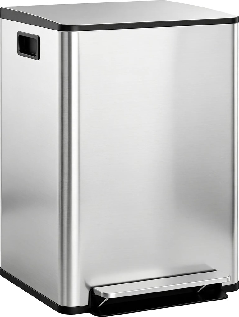 HOMCOM Coș de Gunoi cu 2 Compartimente de 30L, Pedală și Capac Silențios, 47,7x37,5x66,8 cm, Argintiu | Aosom Romania