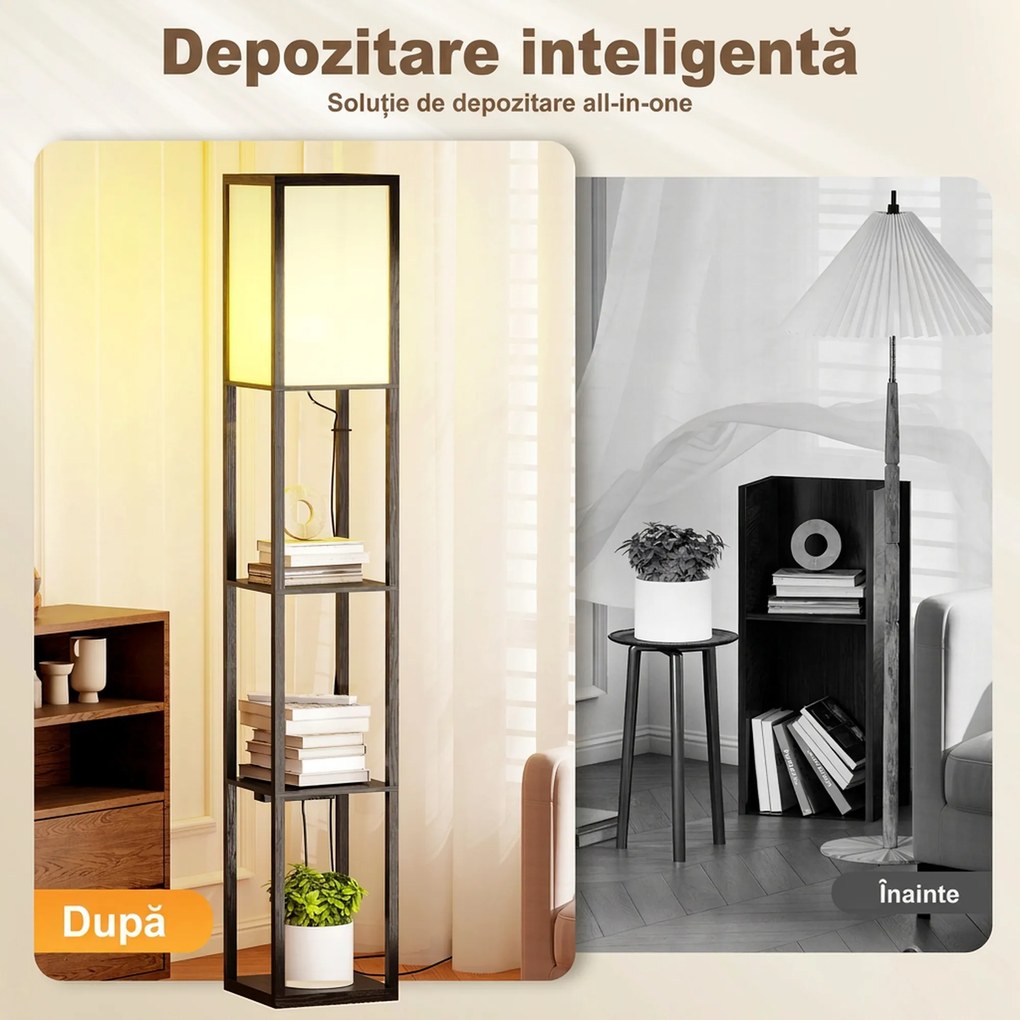 Lampă de Podea HOMCOM LED cu Rafturi, Lampă Modernă cu Comutator și Porturi USB, Lumină Reglabilă pentru Living și Dormitor, Neagră | Aosom Romania