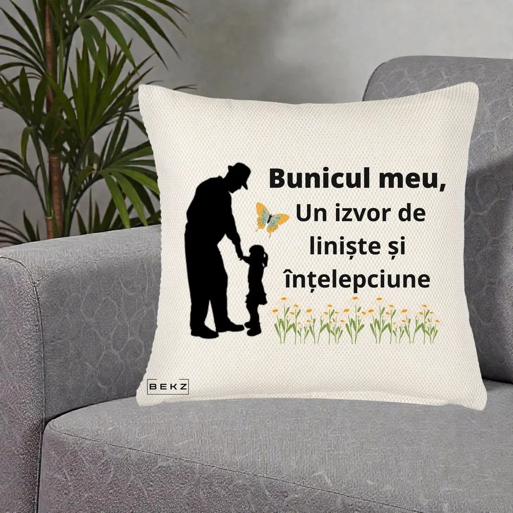 Cadou pentru Bunic - Perna Personalizata Bunicul Meu Izvor de Liniste cu Fluture si Fetita, 40x40 cm, Crem Reliefat, Husa Detasabila, Perna Inclusa, BEKZ®