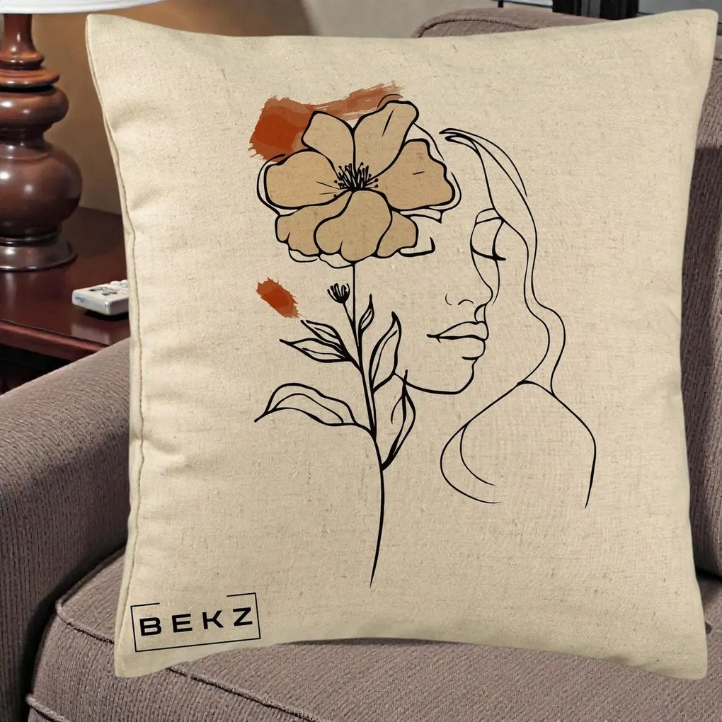 Perna Decorativa Portret Feminin Floare Bej Terracotta, 40x40 cm, Bej, Husa Detasabila, Perna Inclusa, BEKZ®
