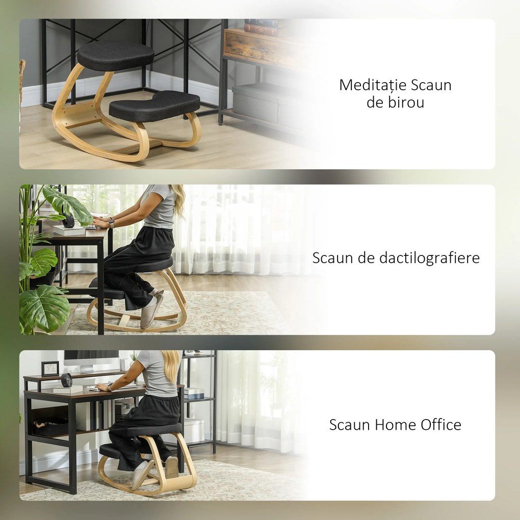 HOMCOM Scaun cu Mișcare de Legănare, Scaun Ergonomic Postural din Țesătură cu Aspect de In și Lemn, 50x73x55 cm, Negru | Aosom Romania