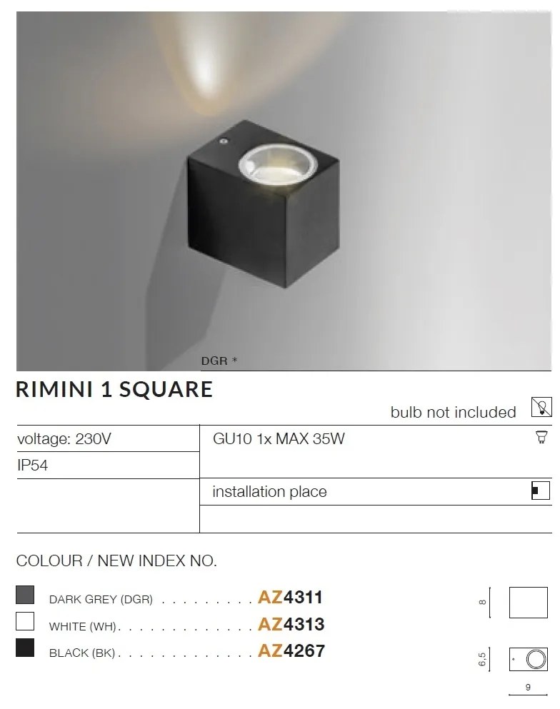 Aplica de perete exterior ambientala IP54 RIMINI 1 SQUARE BK