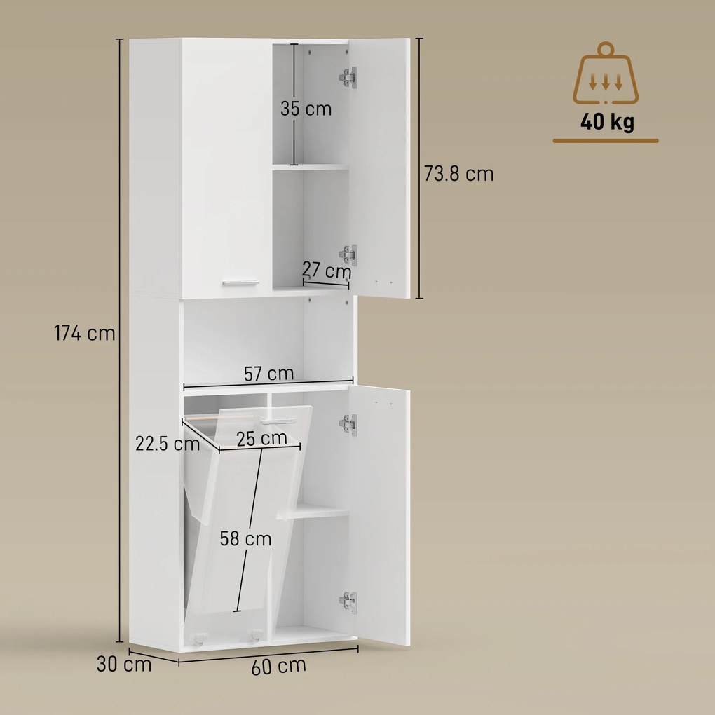 HOMCOM Dulap de Baie Înalt 174 cm cu Coș pentru Rufe Rabatabil, Alb. | Aosom Romania