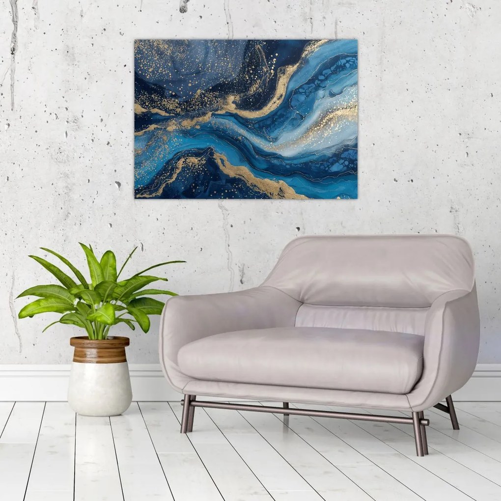 Tablou pe sticlă - Marmură abstractă albastru-aurie (70x50 cm)