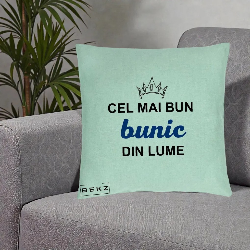Cadou pentru Bunic - Perna Personalizata Cel Mai Bun Bunic Din Lume Coroana Albastra, 40x40 cm, Verde Menta, Husa Detasabila, Perna Inclusa, BEKZ®