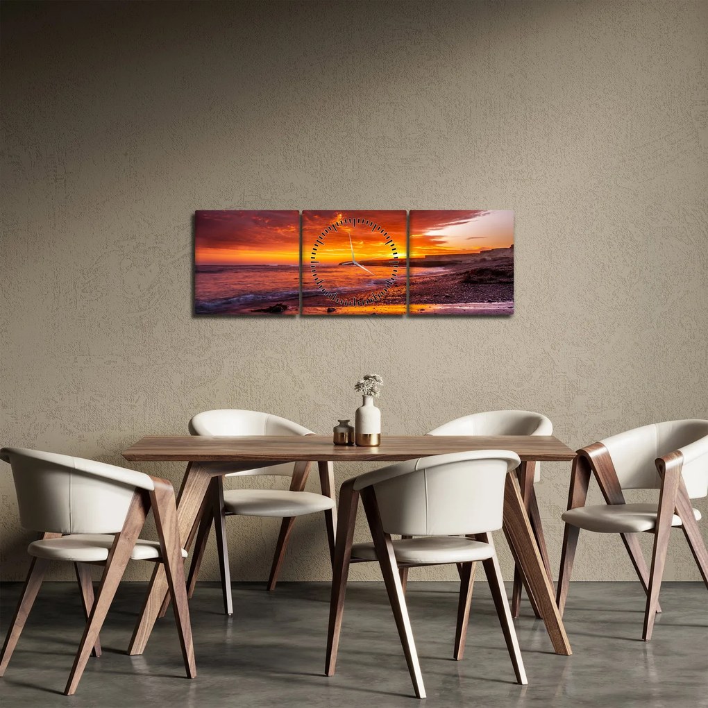 Tablou cu apus de soare la mare (cu ceas) (90x30 cm)