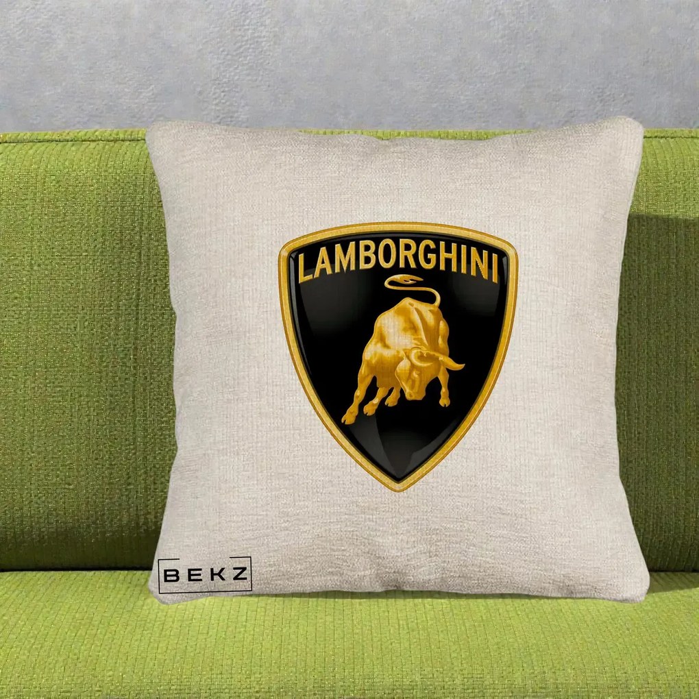 Perna Personalizata cu emblema Lamborghini, 40x40 cm, Bej Canapea, Husa Detasabila, Perna Inclusa, BEKZ®