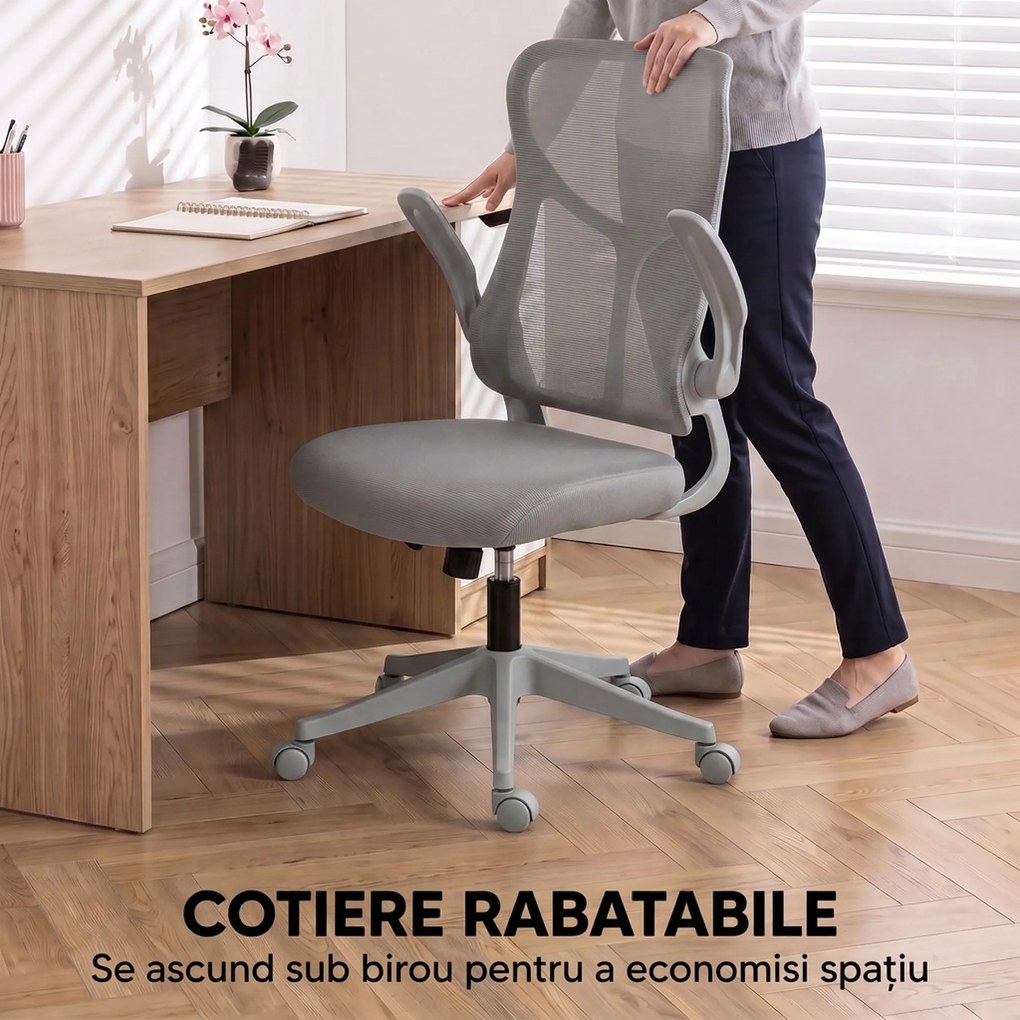 HOMCOM Scaun de birou ergonomic rotativ, cu cotiere rabatabile, funcție de balans, înălțime reglabilă, din plasă, gri | Aosom Romania