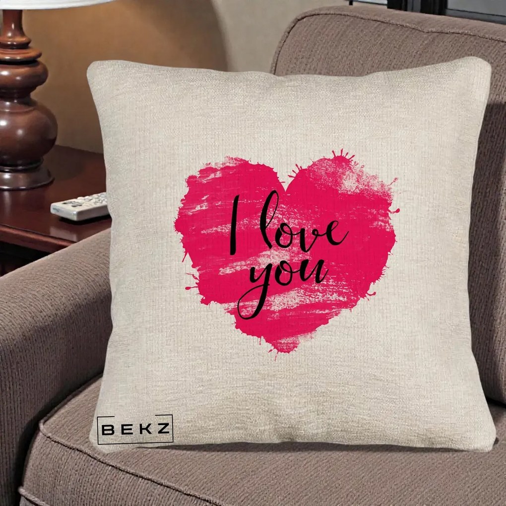 Cadou Romantic - Perna Personalizata I Love You Inima Roz, 40x40 cm, Bej Canapea, Husa Detasabila, Perna Inclusa, BEKZ®
