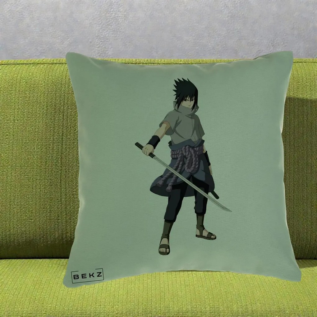 Perna Personalizata Naruto Sasuke Uchiha cu Sabia, 40x40 cm, Verde, Husa Detasabila, Perna Inclusa, BEKZ®