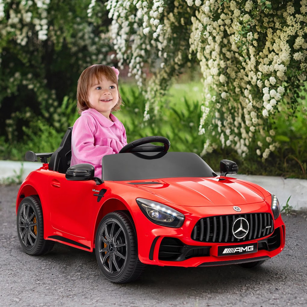 AIYAPLAY Mașină electrică pentru copii Mercedes-AMG GTR, 2 motoare, telecomandă, 3-5 km/h, roșu, 3-6 ani | Aosom Romania