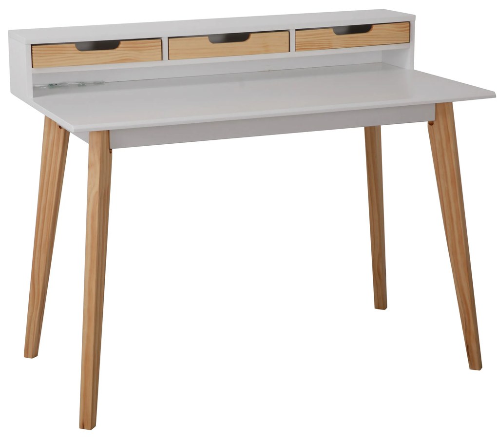 Birou din MDF/pin cu spatiu de depozitare alb/maro 110 cm