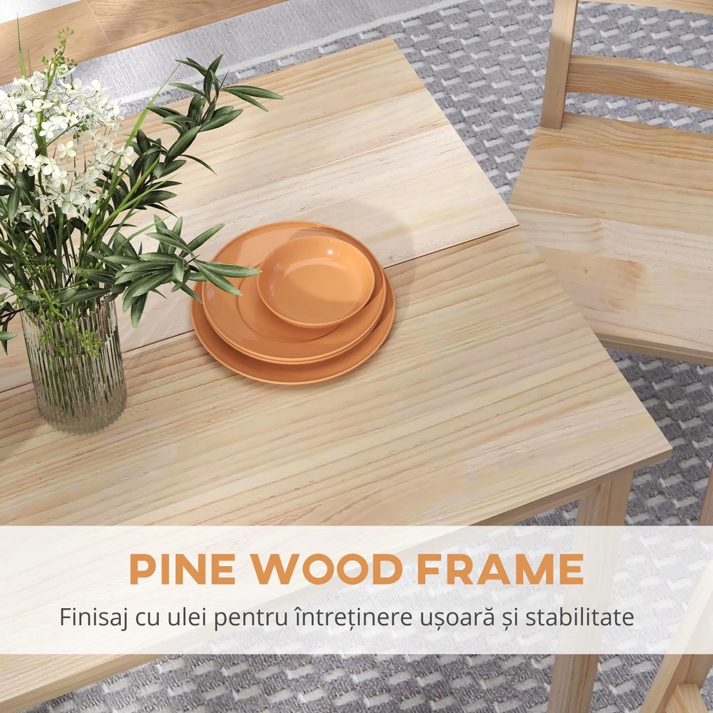 HOMCOM Set de masă 5 piese, masă cu scaune, lemn masiv, 118 cm x 73 cm x 75 cm, natur | Aosom Romania