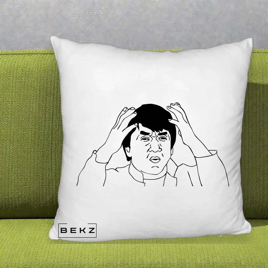 Perna Decorativa Jackie Chan WTF, 40x40 cm, Alb Pufos, Husa Detasabila, Perna Inclusa, BEKZ®