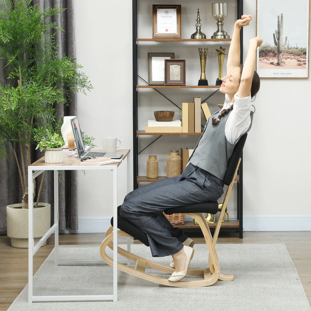 HOMCOM Scaun Ergonomic pentru Genunchi din Țesătură cu Aspect de In și Lemn de Mesteacăn, Negru | Aosom Romania