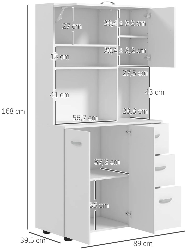HOMCOM Dulap de Bucătărie, Bufet, 3 Sertare, 3 Rafturi, spațiu de depozitare generos, 89x39,5x168cm, Alb | Aosom Romania