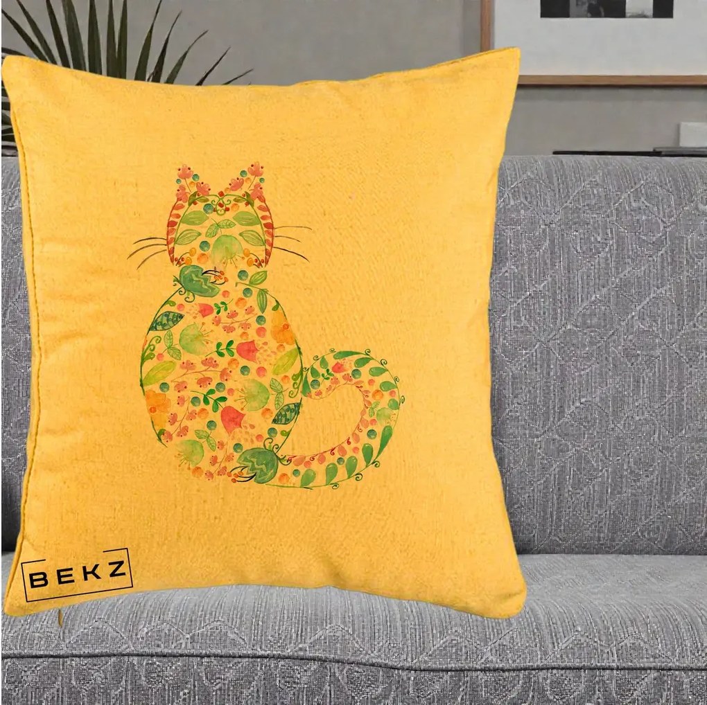 Perna Decorativa Pisica Florala Acuarela, 40x40 cm, Galben, Husa Detasabila, Perna Inclusa, BEKZ®