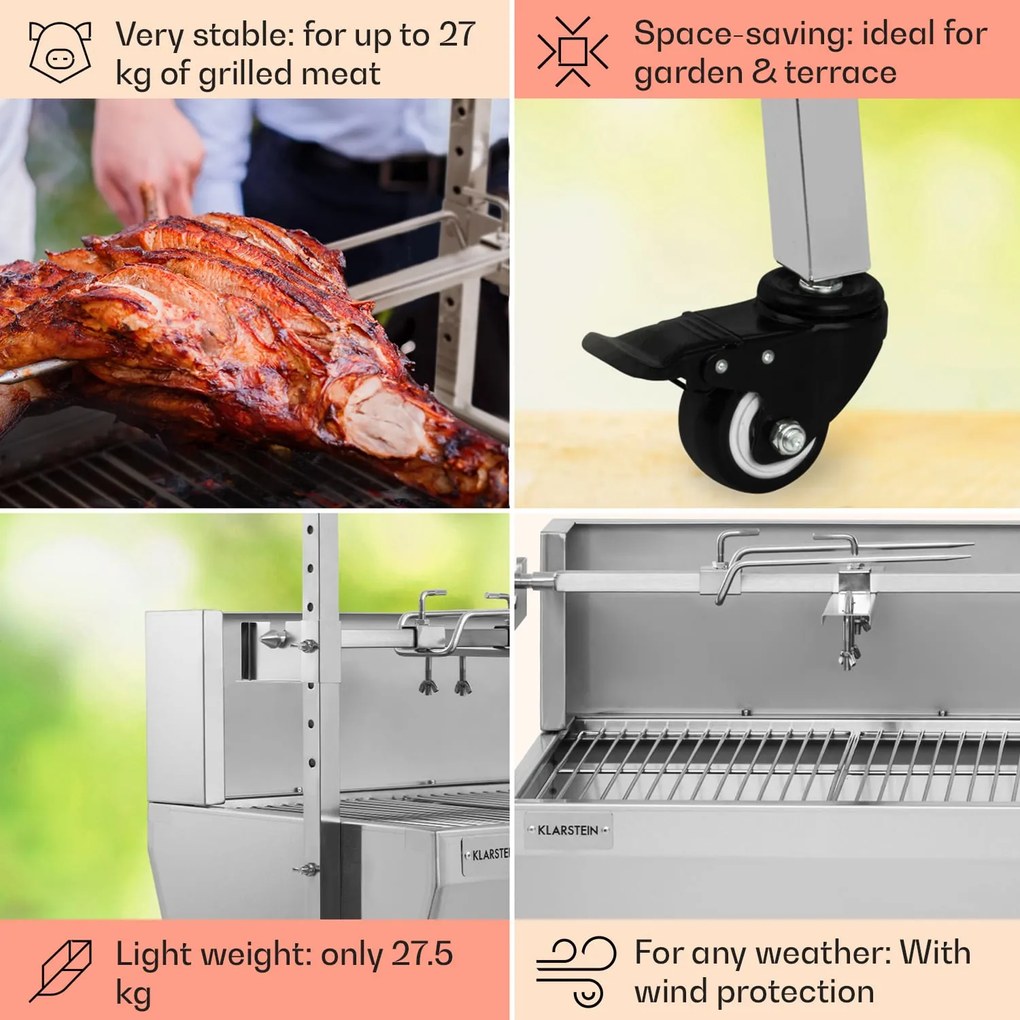 Sauenland Pro, grătar pentru prepararea porcușorilor, 13 W, 4 roți, oțel inoxidabil