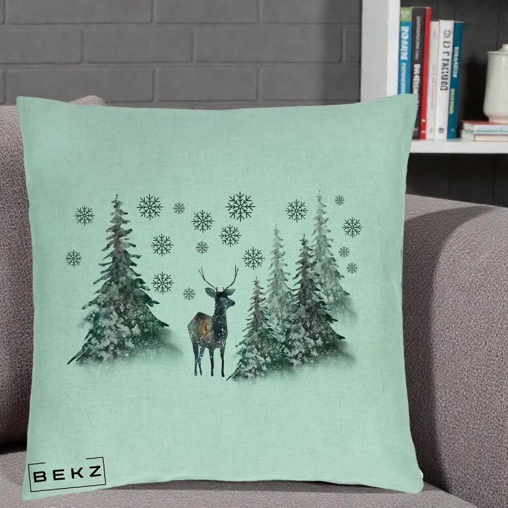 Perna Decorativa Ren in Padure Inzapezita, 40x40 cm, Verde Menta, Husa Detasabila, Perna Inclusa, BEKZ®