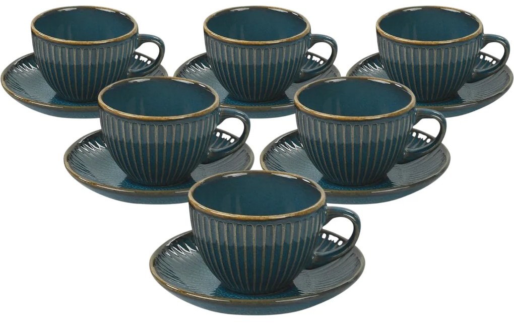 Set de 6 cești din ceramică cu farfurioare Linea210 ml, petrol