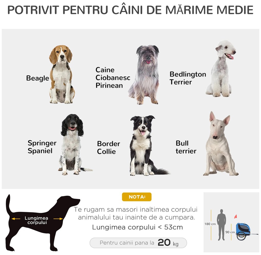 PawHut Remorcă de Bicicletă pentru Câini cu Punct de Atașare, Ferestre Laterale și Steguleț, 130x73x90 cm, Albastru | Aosom Romania