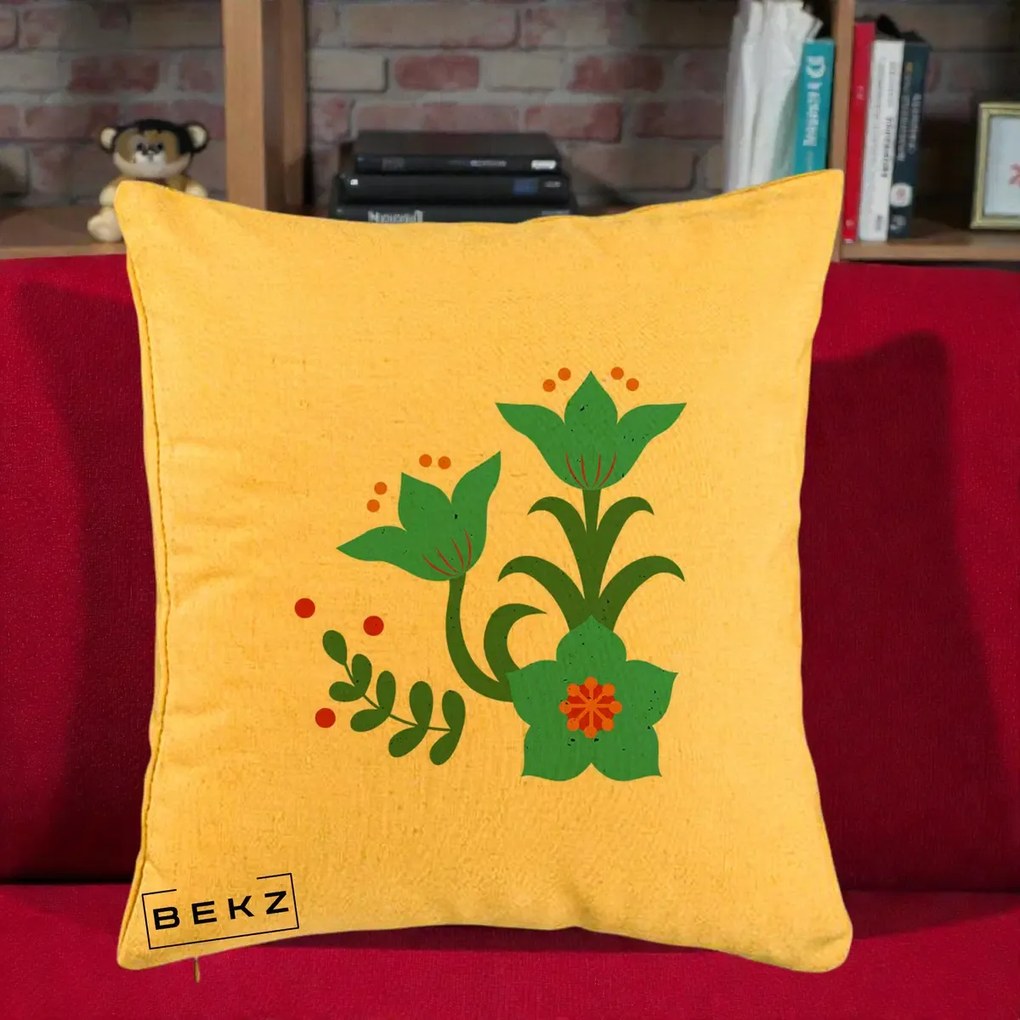 Perna Decorativa Flori Stilizate Folk Turcoaz, 40x40 cm, Galben, Husa Detasabila, Perna Inclusa, BEKZ®