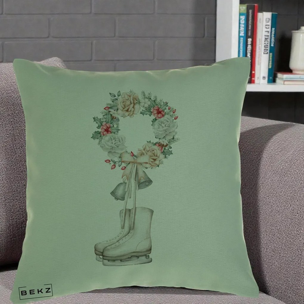 Perna decorativa de Craciun: Patine cu Coroana Florala de Craciun, 40x40 cm cu Umplutura, Verde, BEKZ