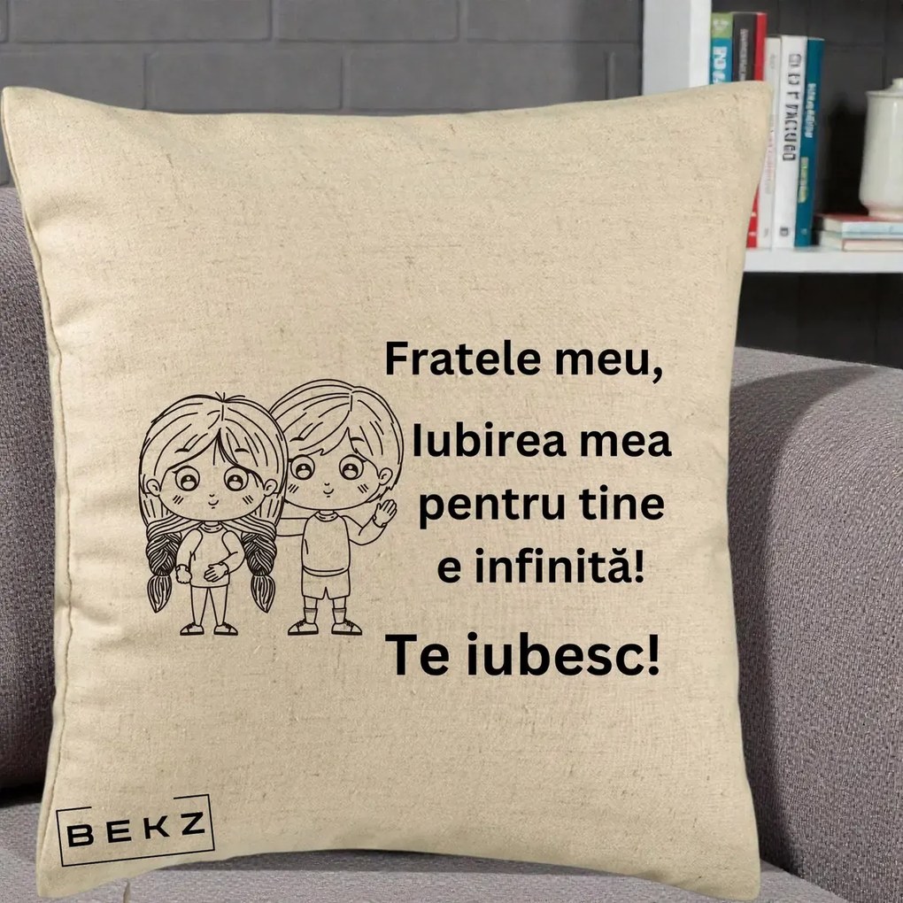 Cadou pentru Frate - Perna Personalizata Fratele Meu Te Iubesc Copii Anime Line Art Negru, 40x40 cm, Bej, Husa Detasabila, Perna Inclusa, BEKZ®