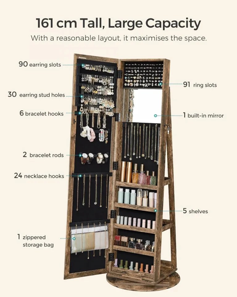 Dulap bijuterii cu oglinda, MDF melaminat / catifea, maro rustic, Songmics