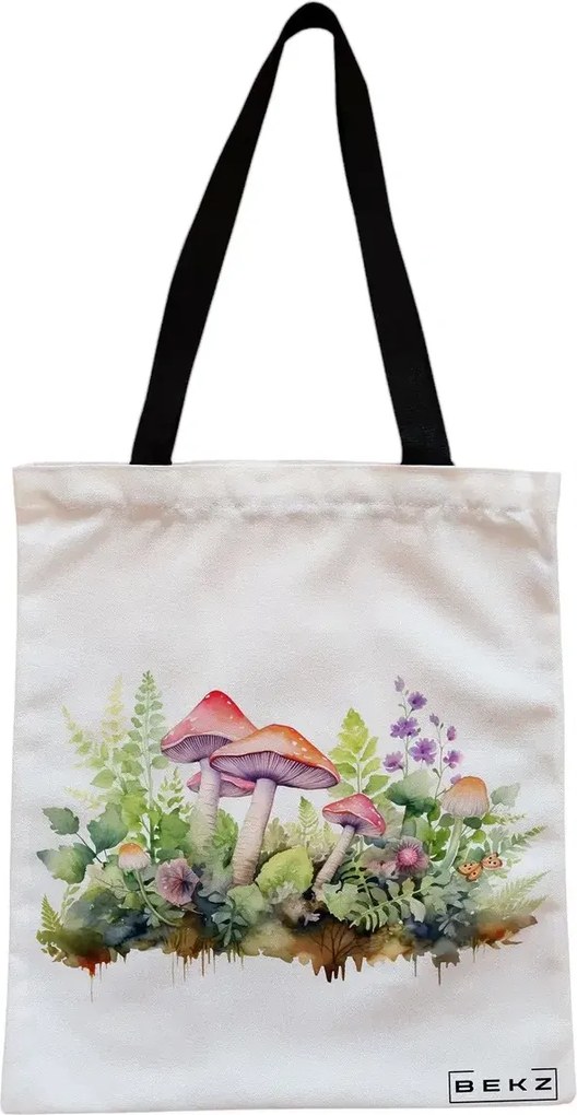 Sacosa de Panza pentru Cumparaturi, Geanta Tote, Colorful Mushrooms 11, Cu fermoar, 38x34.5 cm, Alba, BEKZ®