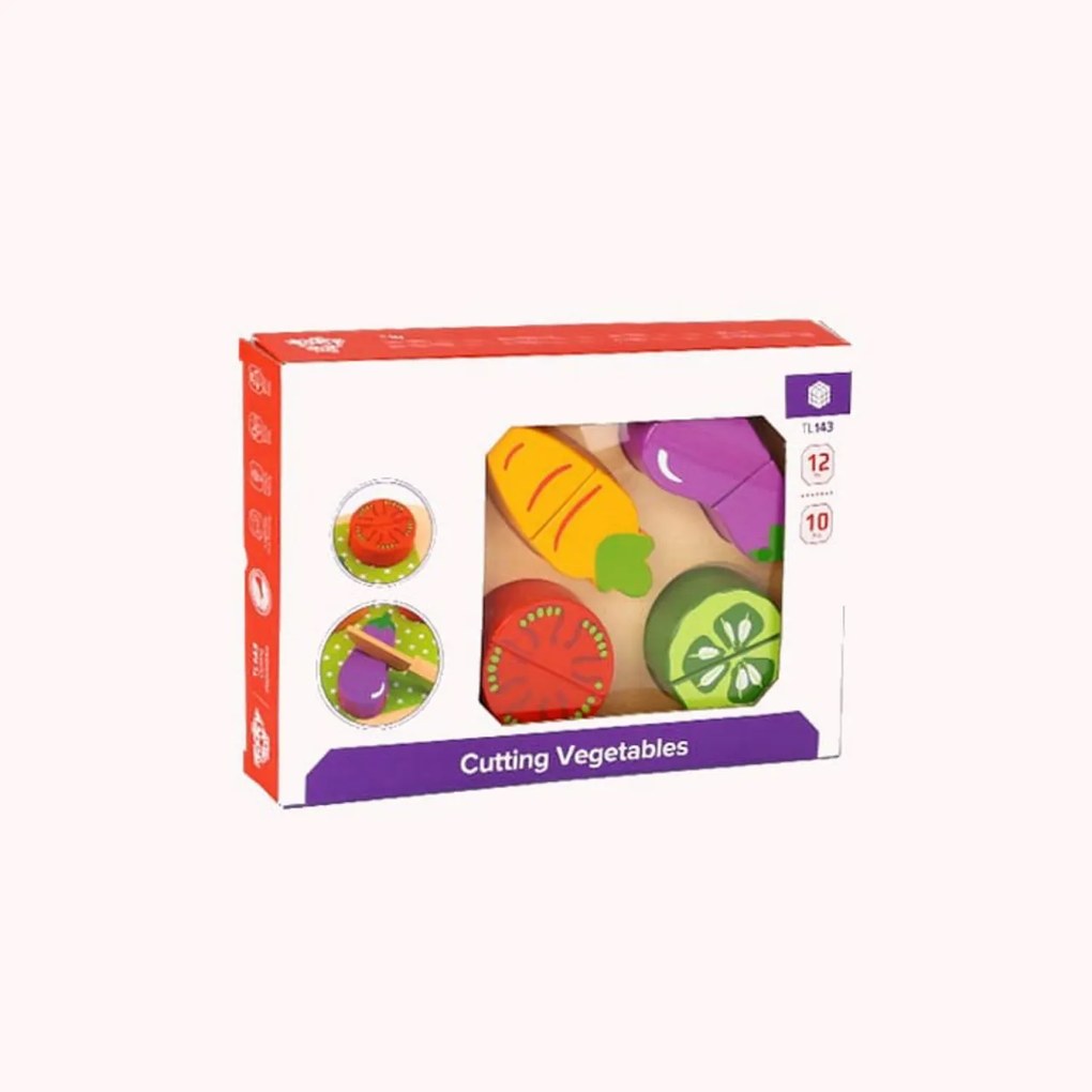 Puzzle 3D din lemn masiv NOVOKIDS™ Wooden Vegetable Cutter, 10 piese, Cu legume taiate, Materiale Eco, Multicolor