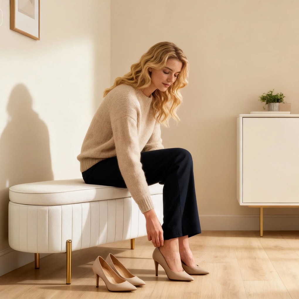 HOMCOM Bancă de Depozitare de Intrare Ovală 72L, Design Canelat cu Capac Rabatabil și Scaun Capitonat, Bancă de la Capătul Patului, Pouf, în Velur și cu Picioare din Lemn de Pin, 108x44x43.5 cm, Crem | Aosom Romania