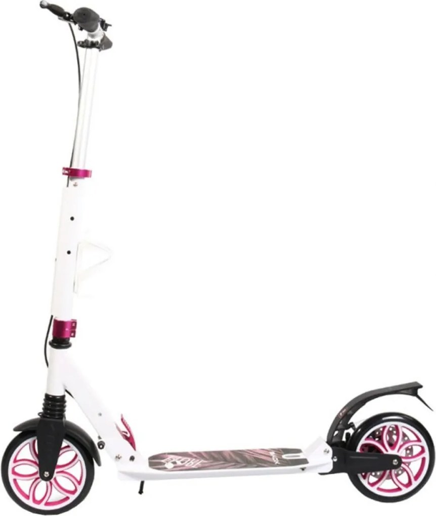 Trotineta din aluminiu cu frana pe disc NOVOKIDS™ Fiore Plus, maxim 100 kg, Franare dubla, Suspensie dubla, Diametru roata 200 mm, Alb cu Roz