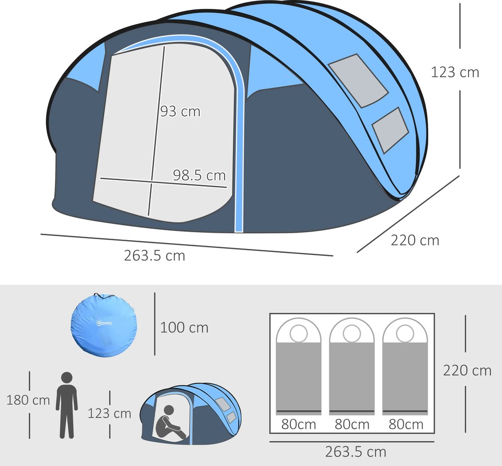 Outsunny Cort de Camping Pop Up pentru 2 Persoane cu 2 Uși, 4 Ferestre și Înveliș Impermeabil, 263.5x220x123 cm, Verde | Aosom Romania
